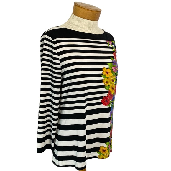 Beige by Eci Small Striped Floral Boat Neck 3/4 sleeve Top - Picture 3 of 5